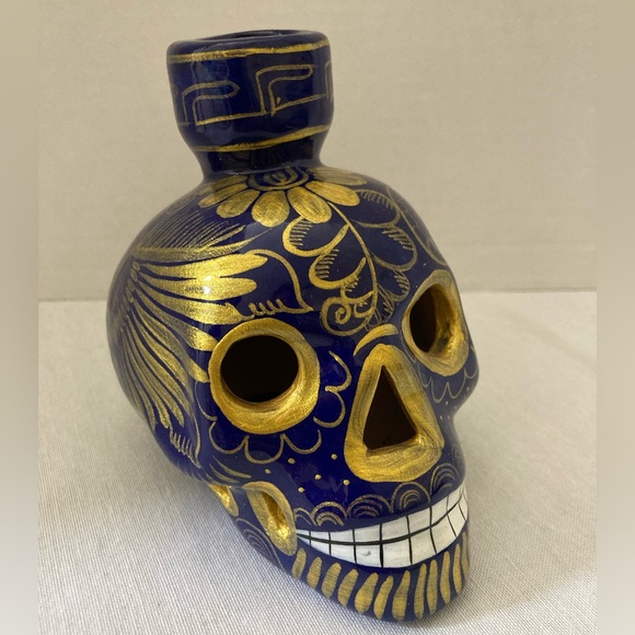 Unbranded Other - Blue & Gold Ceramic Sugar Skull Vase | Day of the Dead Decor | Hand Painted